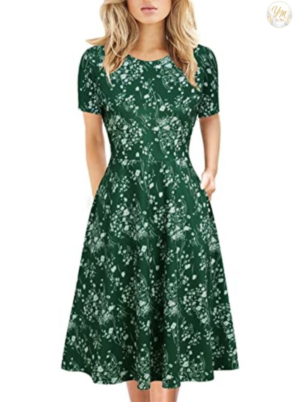 Elegant Knee Length A-Line Swing Dress with Pockets Cotton Blend